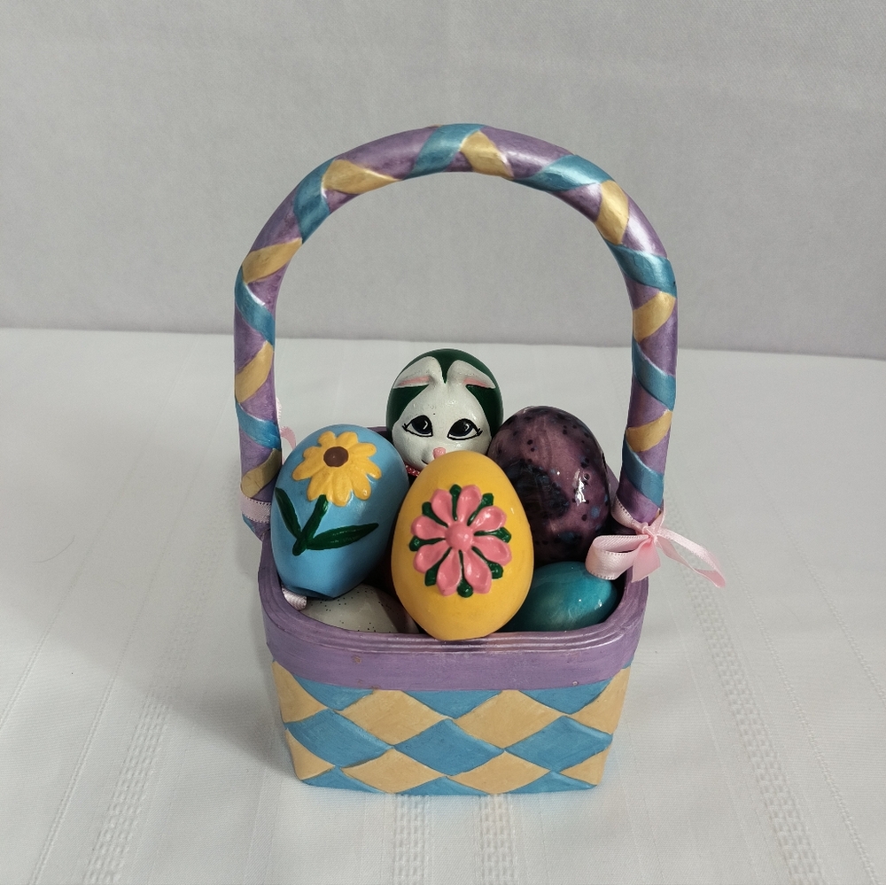 Colorful Ceramic Easter Basket with 9 Painted Decorative Eggs